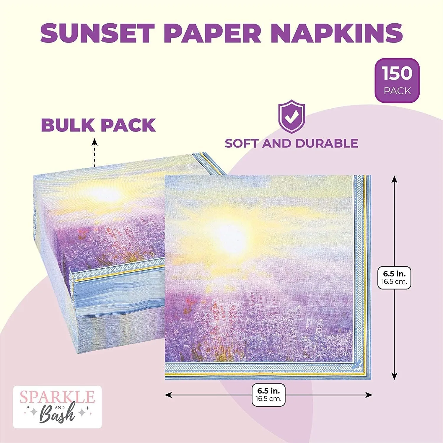 Sunset Paper Napkins (Lavender, 6.5 x 6.5 In, 150 Pack)