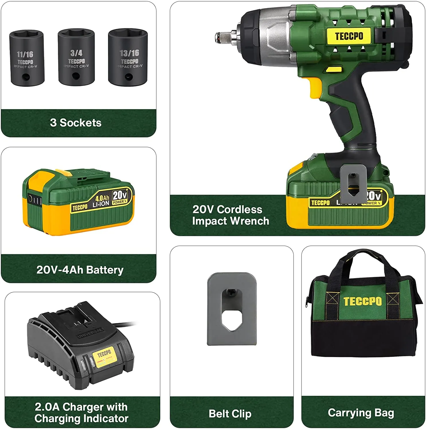 TECCPO Impact Wrench, 4.0Ah Battery Cordless Impact Wrench, Max Torque 350Nm(3100In-lbs), 1/2" All-metal Hex Chuck,  0-2000RPM Variable Speed, 3Pcs Driver Impact Sockets, Toolkit Included - TDIW01P