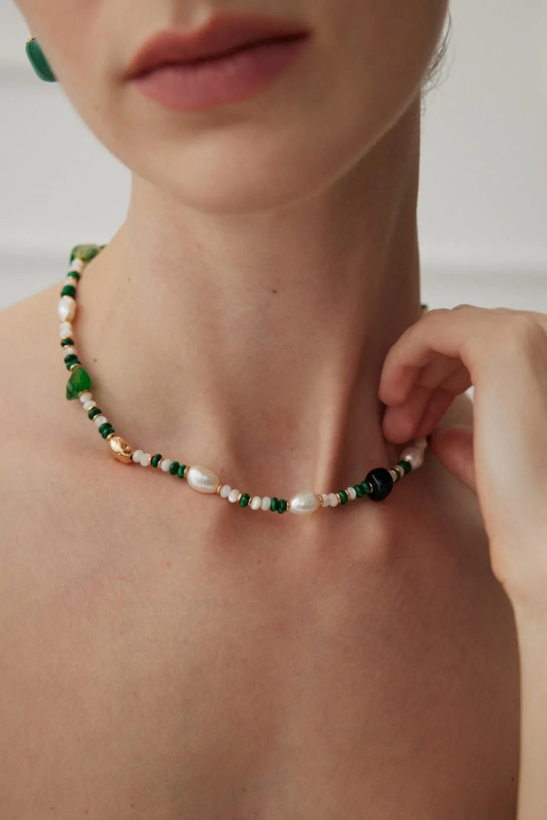 The Multielement Necklace Featuring Malachite Pearls and Green Onyx