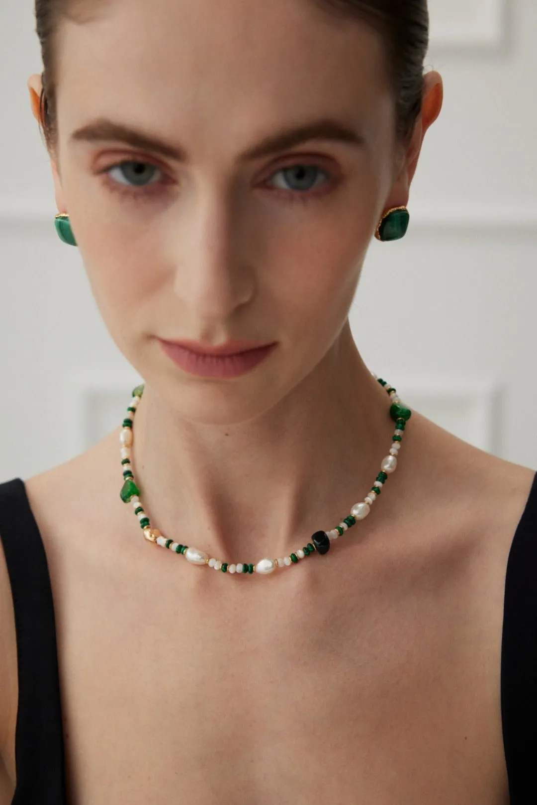 The Multielement Necklace Featuring Malachite Pearls and Green Onyx