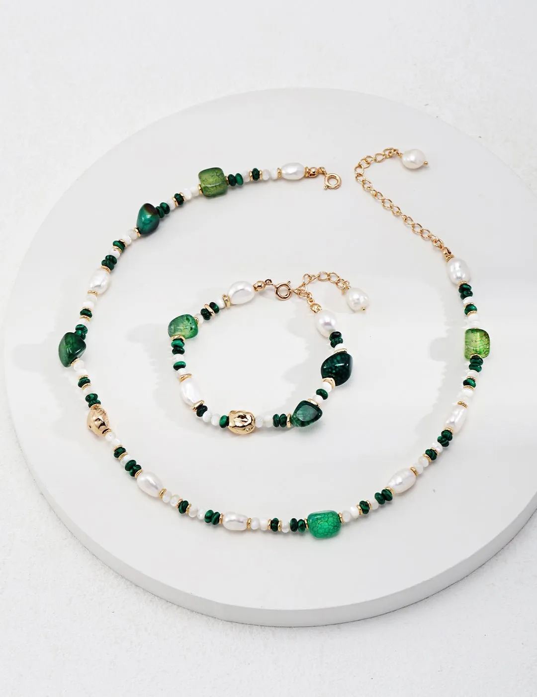 The Multielement Necklace Featuring Malachite Pearls and Green Onyx