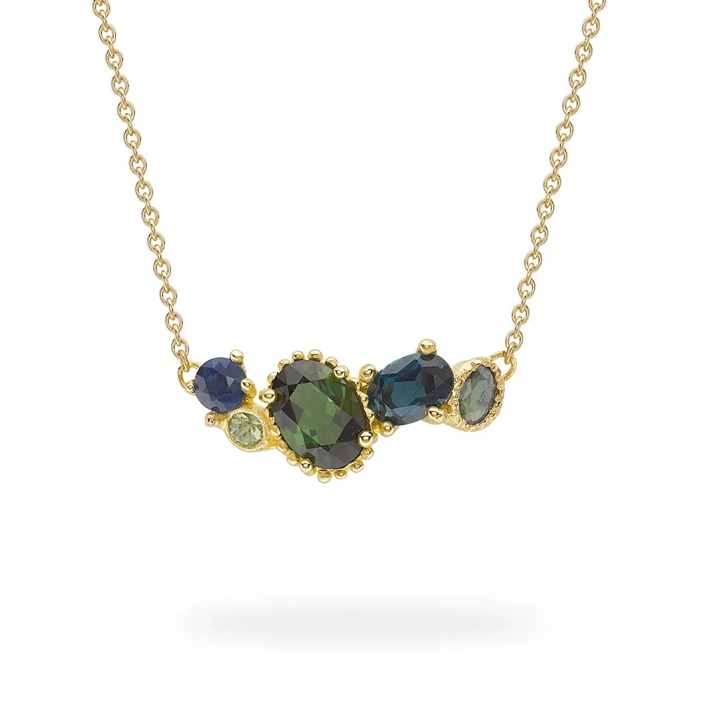 Tourmaline and Sapphire Bar Necklace with Beaded Setting